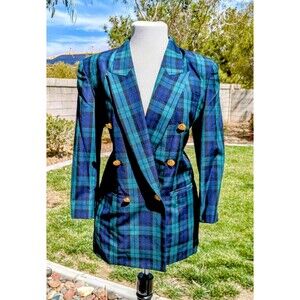 Vintage 1980s Petite Medium Tartan Wool Double Breasted Blazer Jacket Coat EUC